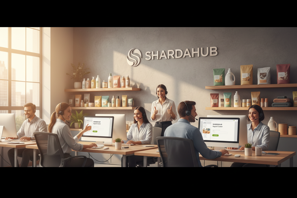 A friendly professional ecommerce support team in a modern office, brand name Shardahub on wall, shelves with daily household products in background, warm lighting, smiling support staff with headsets, trustworthy and premium brand feel, Shopify contact page hero image, ultra realistic, 4k, web banner style

